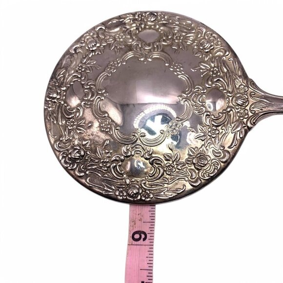 Antique Ornate Silver Handheld Vanity Mirror With Floral Engraving Etched Handle - Picture 10 of 11